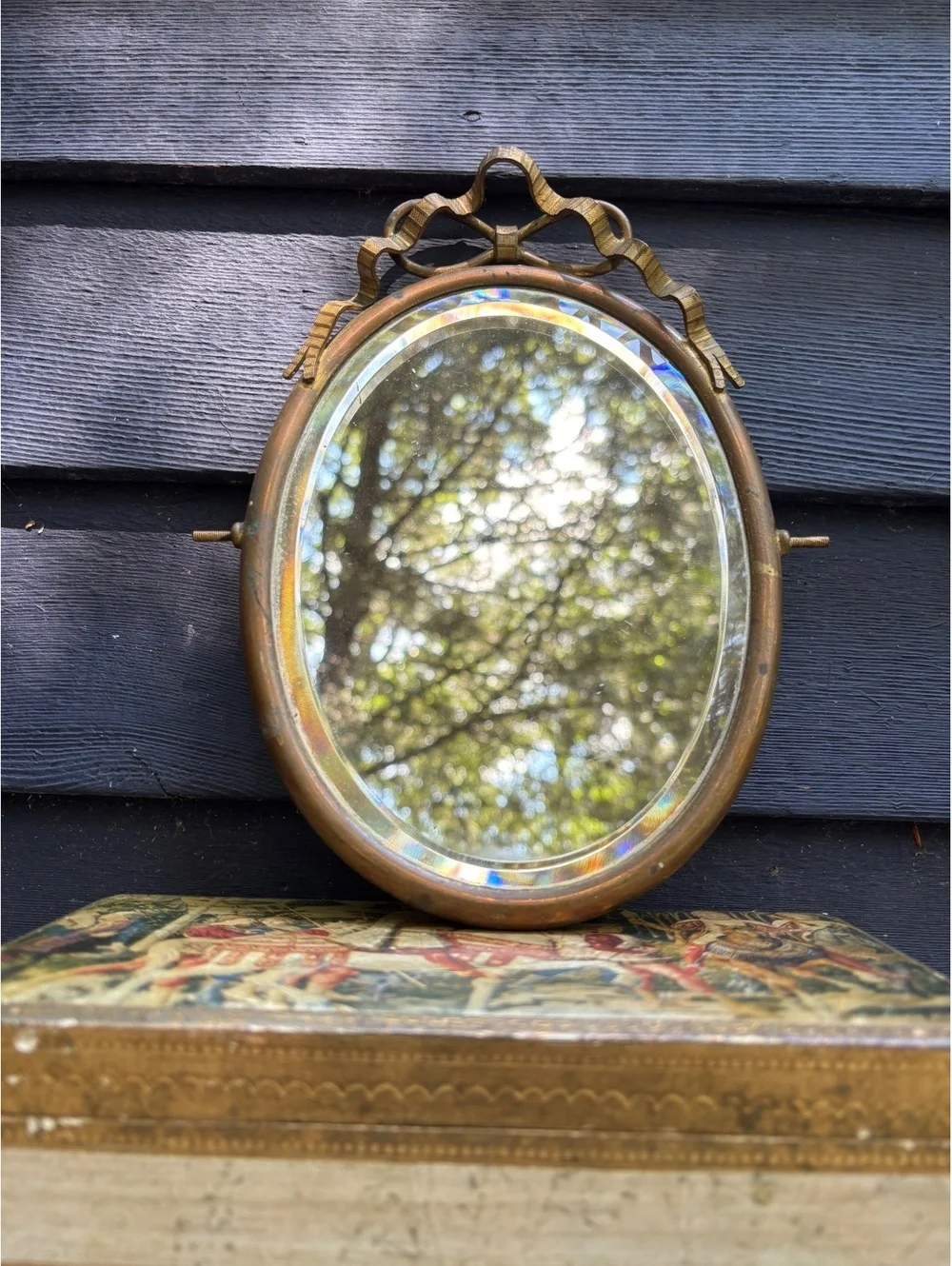 Antique Brass Oval Wall Mirror, Bow Ribbon Top, Victorian Vanity, Boudoir